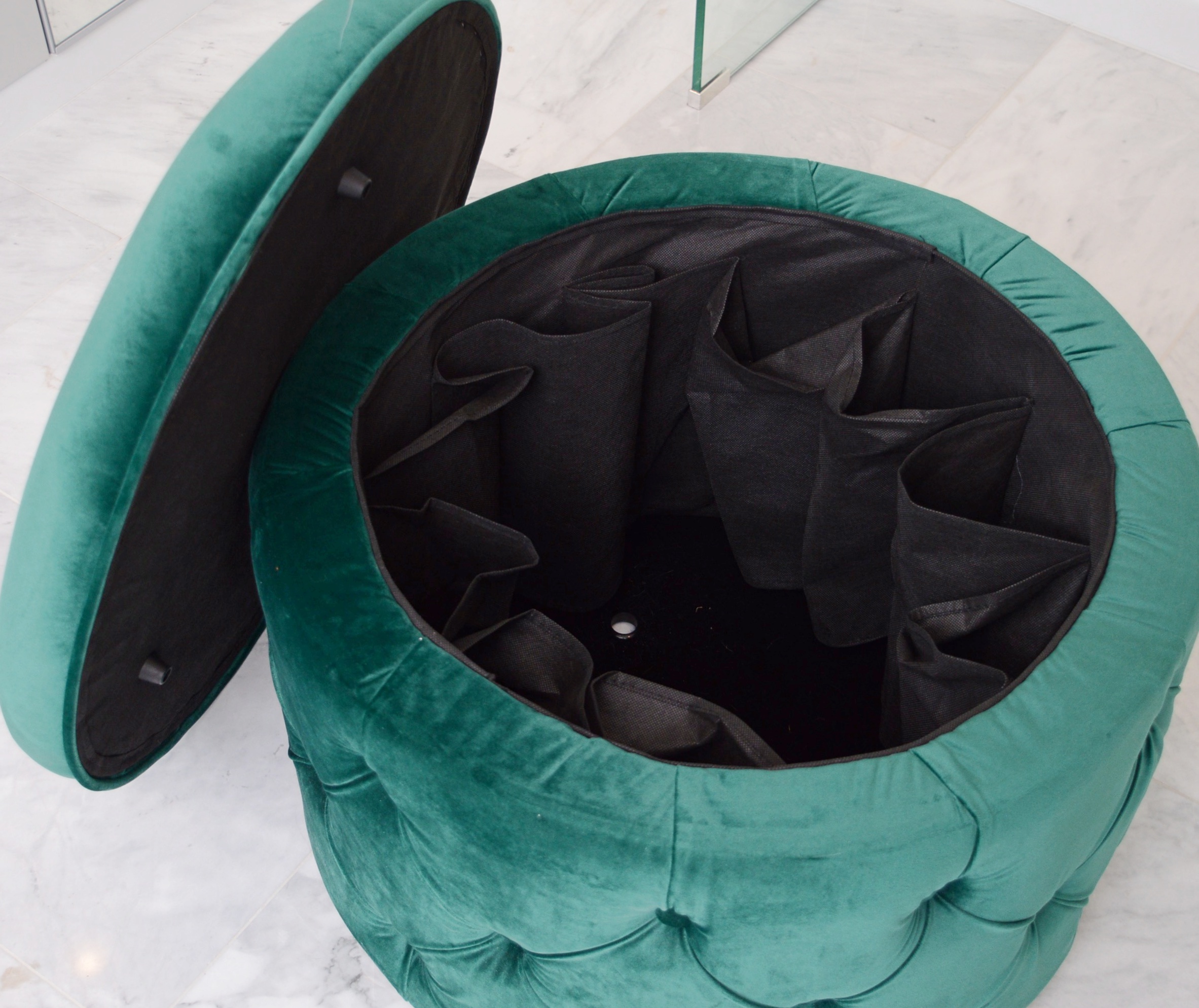 Modern Glass Table with Tufted Velvet Seat with Shoe Storage