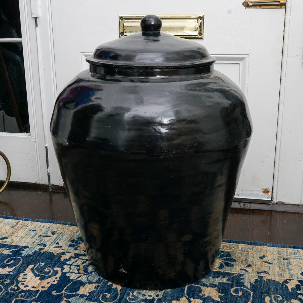 Papier Mache Black Jar and White Ceramic Vase