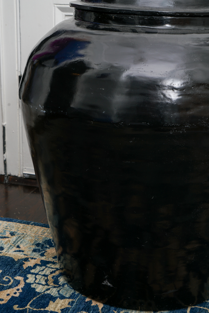 Papier Mache Black Jar and White Ceramic Vase