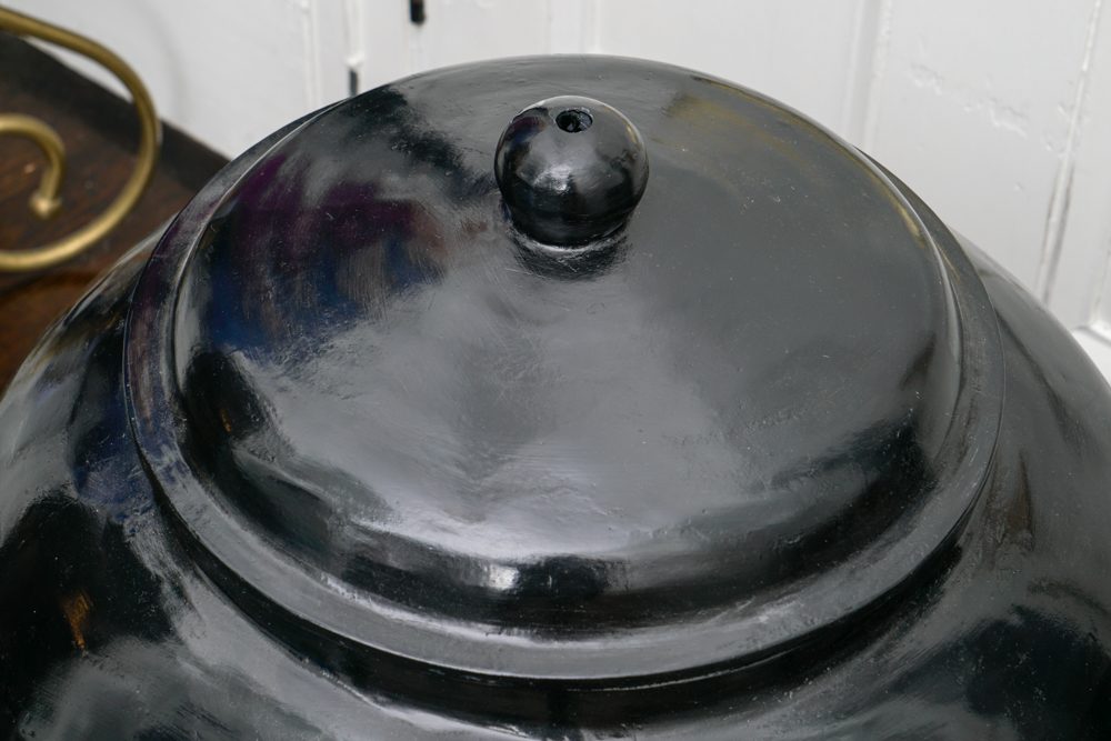 Papier Mache Black Jar and White Ceramic Vase