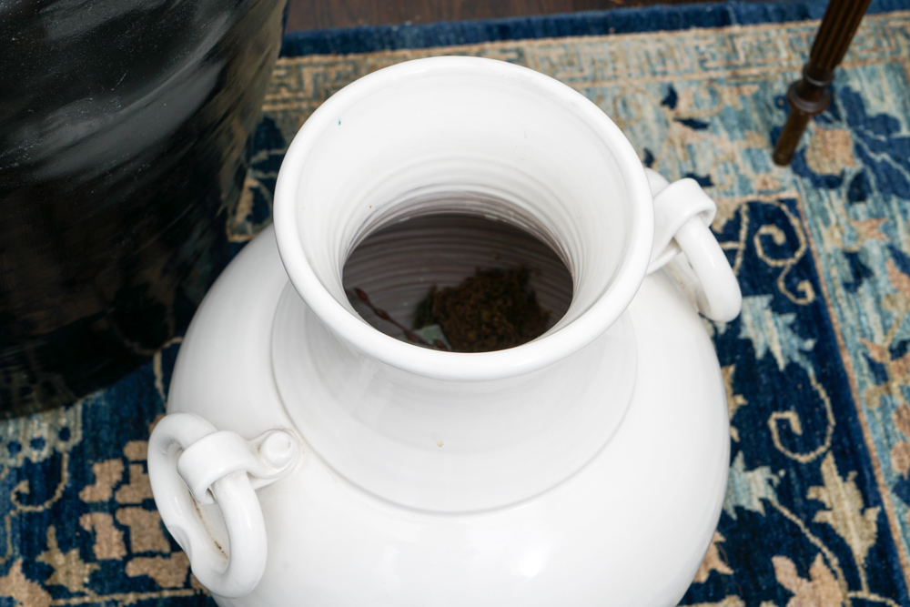 Papier Mache Black Jar and White Ceramic Vase