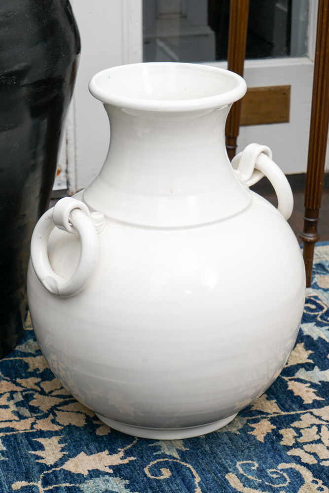 Papier Mache Black Jar and White Ceramic Vase