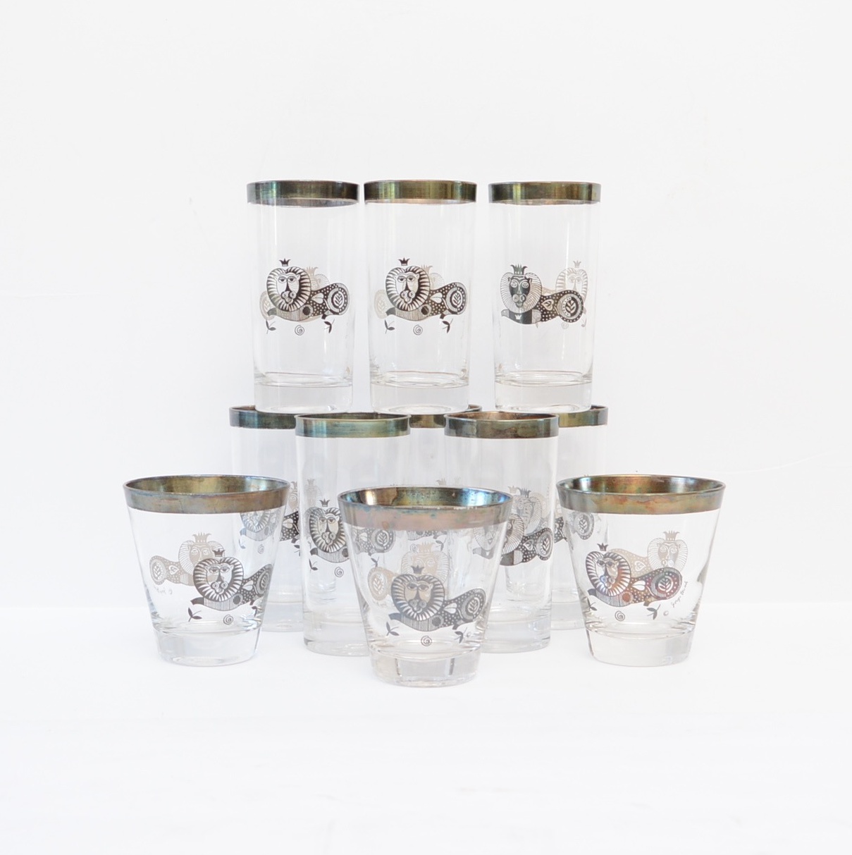 Georges Briard Mid Century Lion Tumblers and Cocktail Glasses