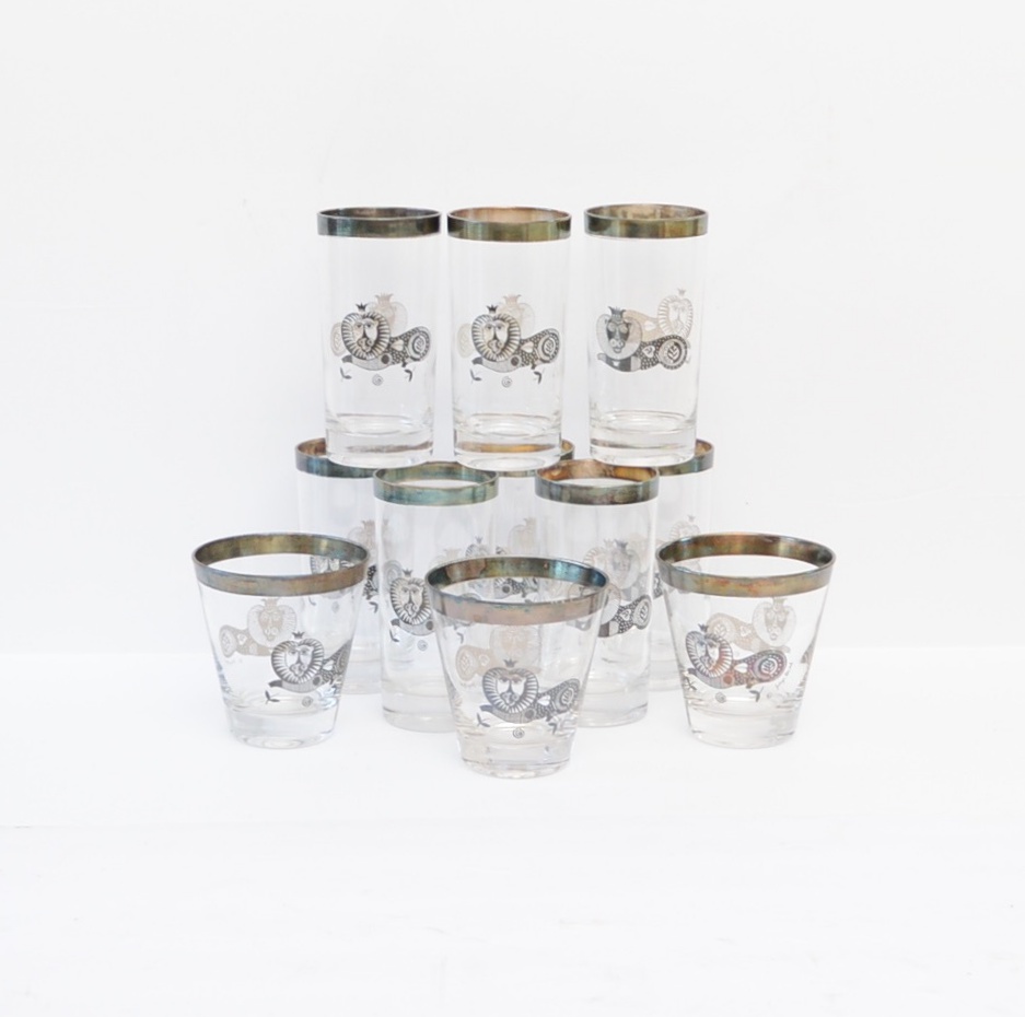 Georges Briard Mid Century Lion Tumblers and Cocktail Glasses
