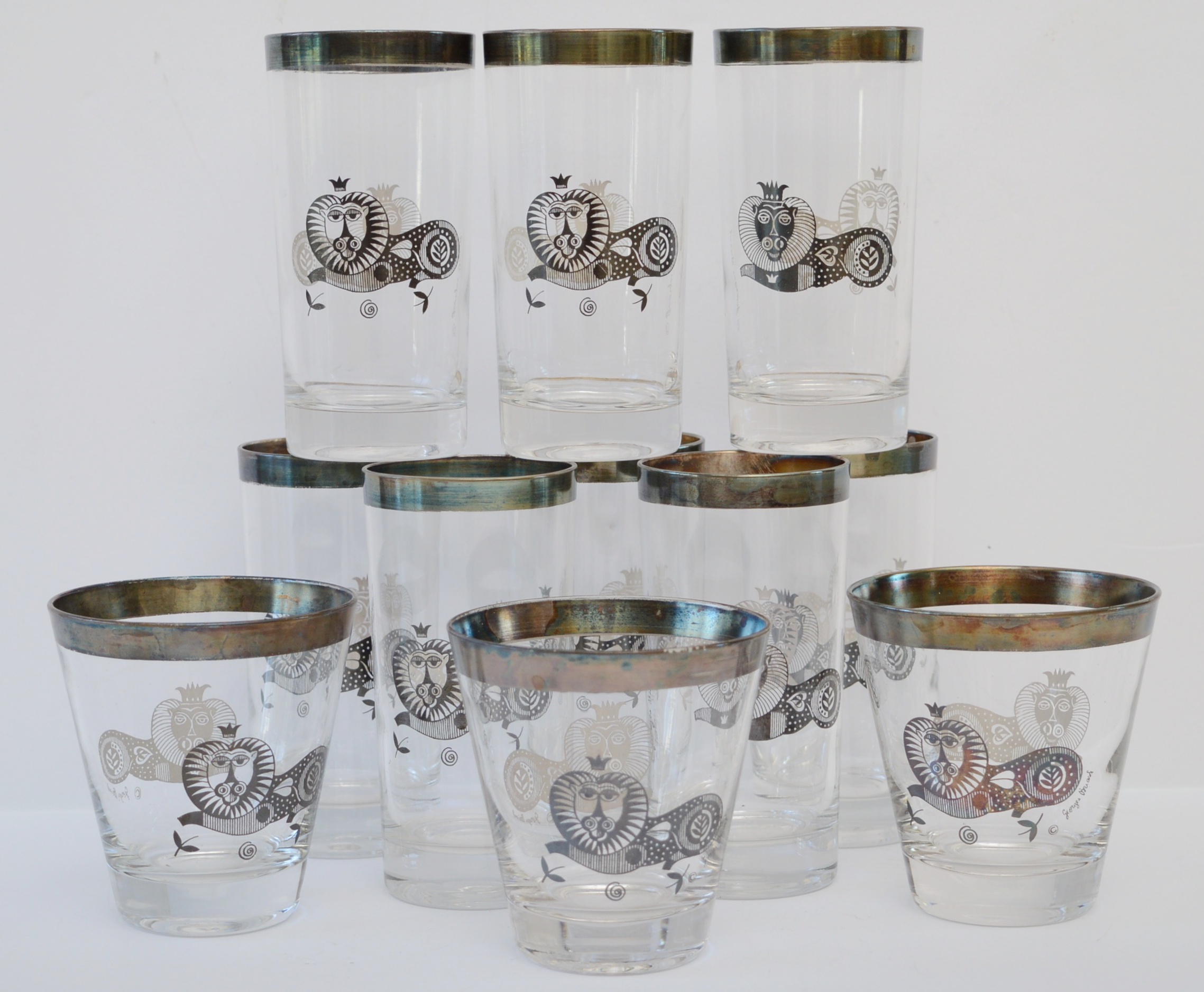 Georges Briard Mid Century Lion Tumblers and Cocktail Glasses