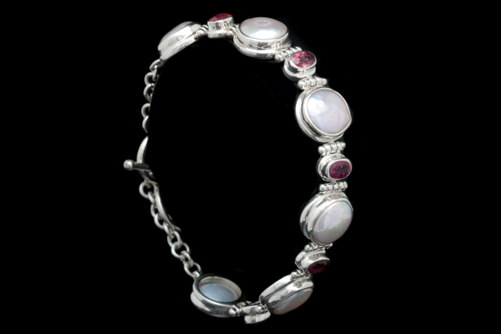Sterling Silver, Mabé Pearl and Ruby Bracelet