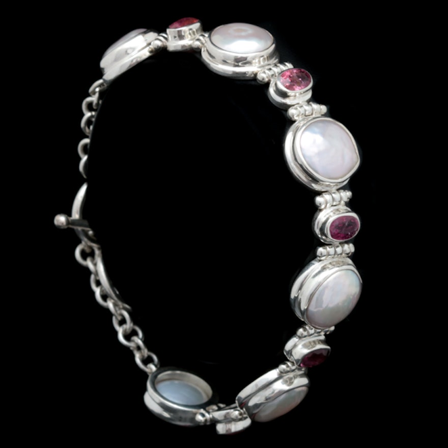 Sterling Silver, Mabé Pearl and Ruby Bracelet