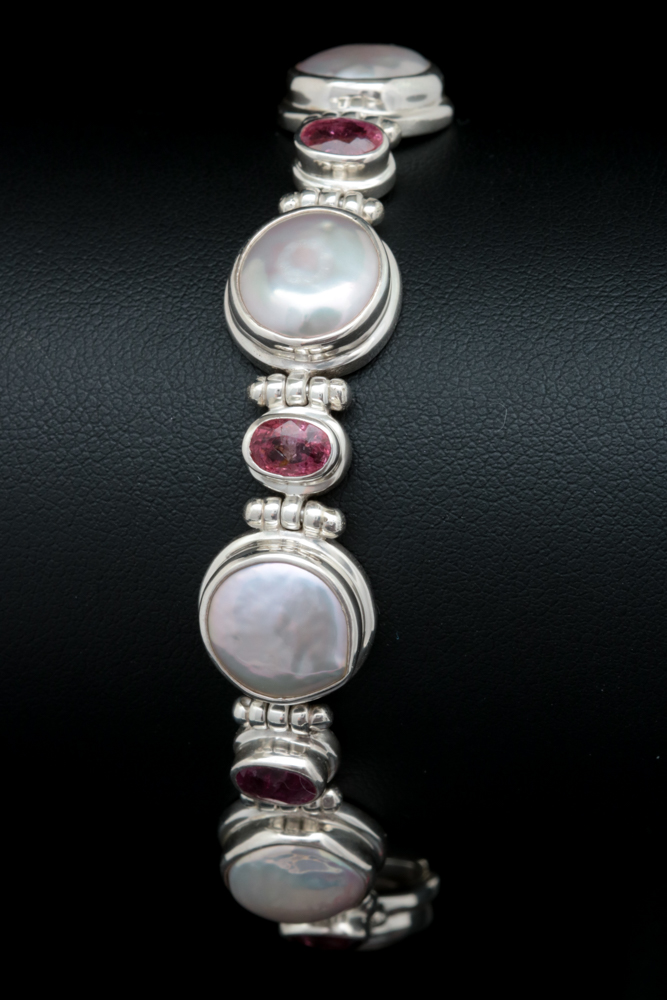 Sterling Silver, Mabé Pearl and Ruby Bracelet