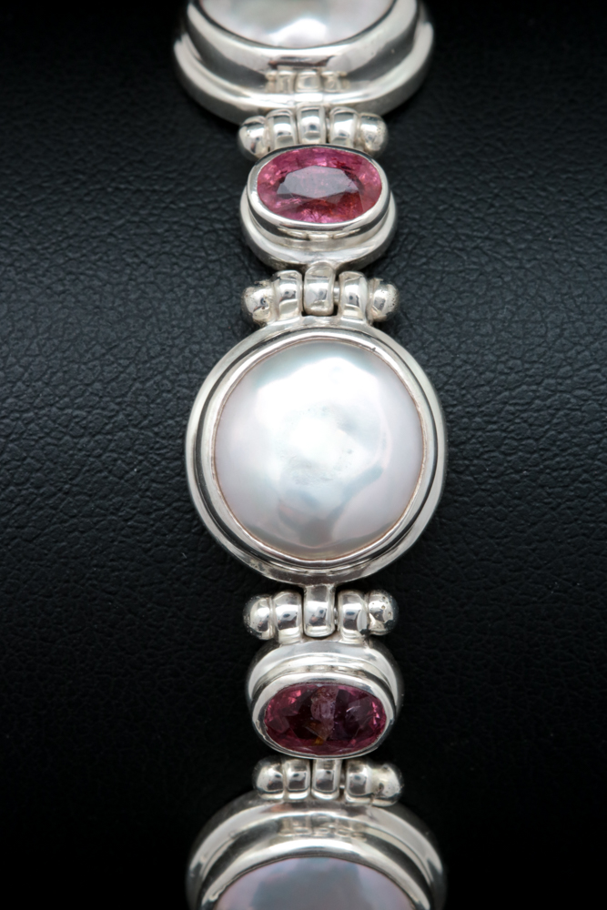 Sterling Silver, Mabé Pearl and Ruby Bracelet