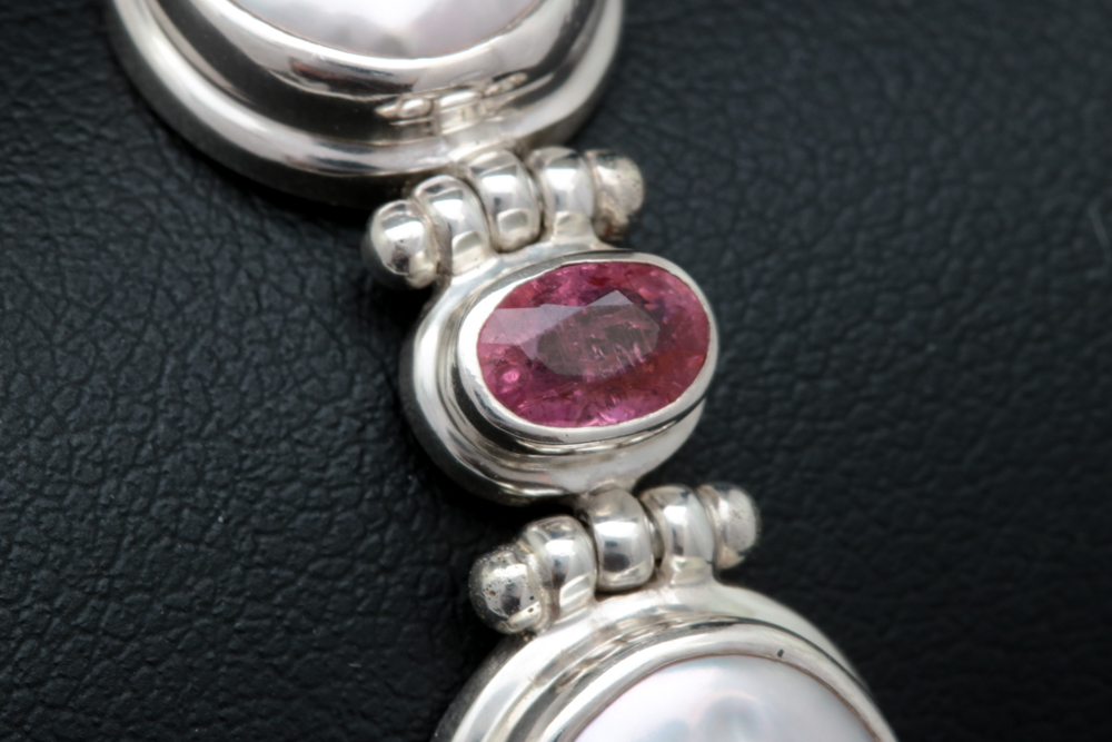 Sterling Silver, Mabé Pearl and Ruby Bracelet