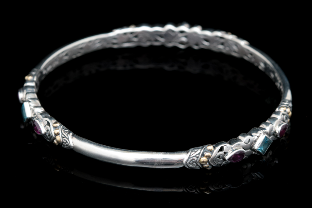 Sterling Silver, 18K Yellow Gold, Blue Topaz and Rhodolite Bangle Bracelet