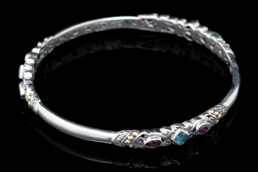 Sterling Silver, 18K Yellow Gold, Blue Topaz and Rhodolite Bangle Bracelet