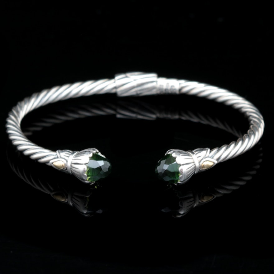 Robert Manse Sterling Silver, 18K Yellow Gold and Green Quartz Bracelet