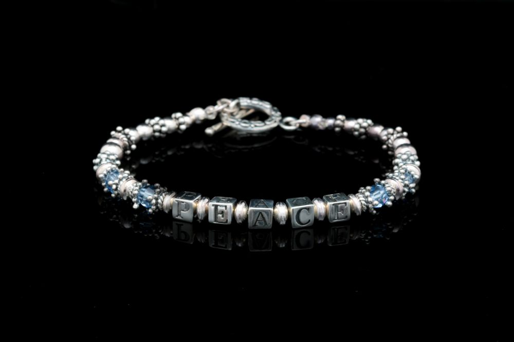 Sterling Silver and Blue Crystal Bead "Peace" Bracelet