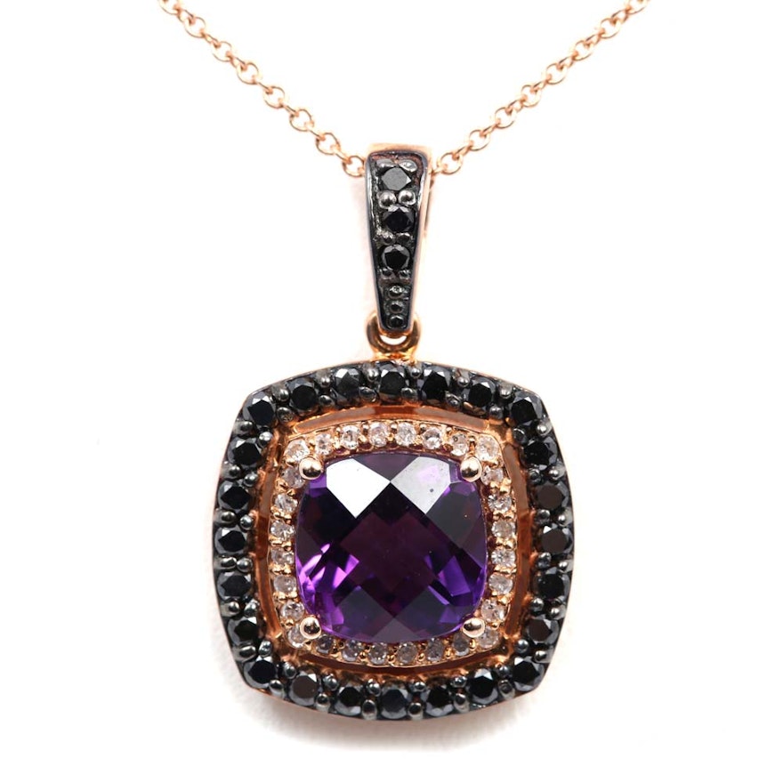 14K Rose Gold 2.60 CT Amethyst, Diamond and Black Diamond Double Halo Pendant