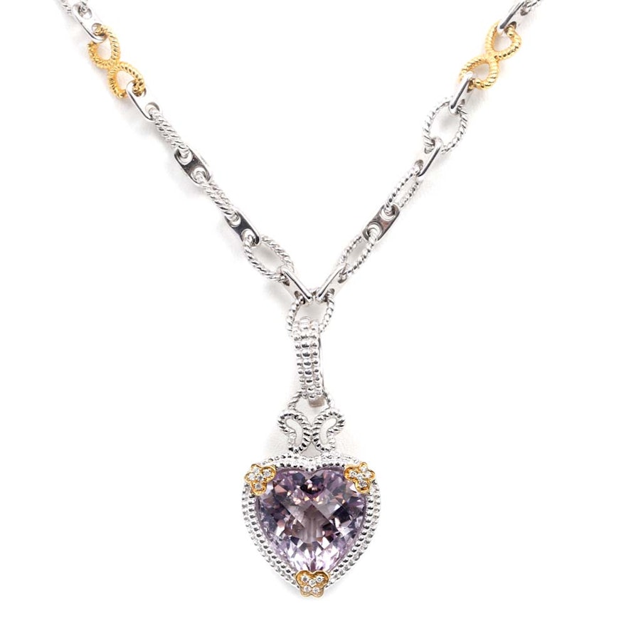 Sterling Silver and 14K Yellow Gold 13.00 CT Amethyst Heart and Diamond Pendant
