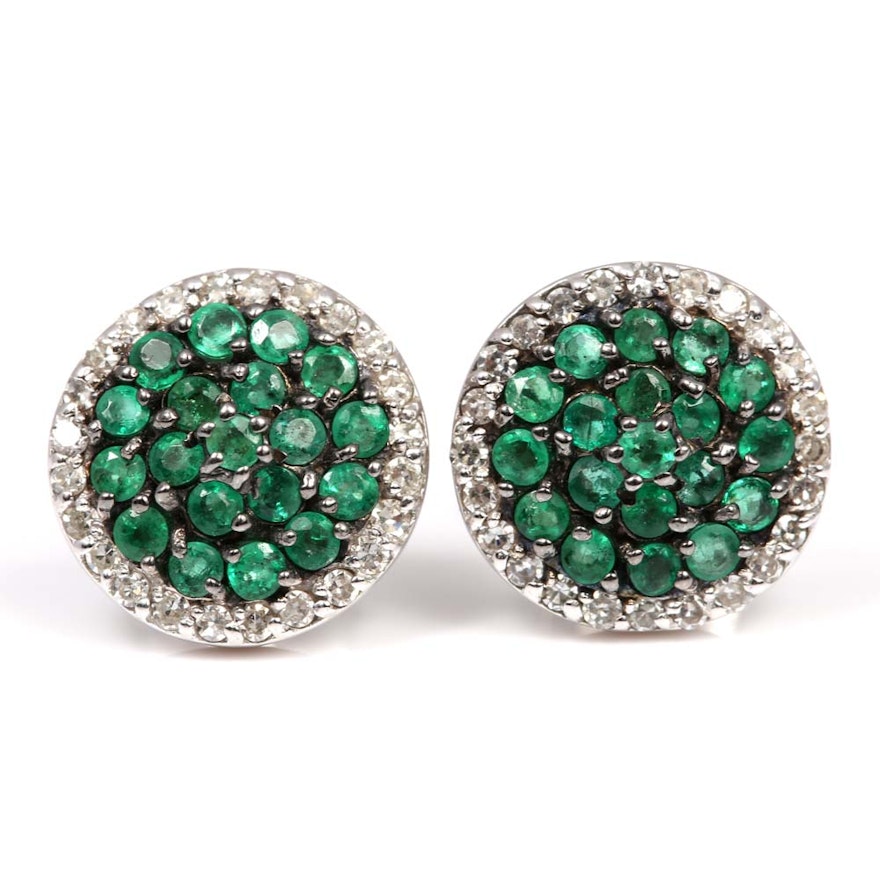 EFFY 14K White Gold Emerald and Diamond Halo Earrings