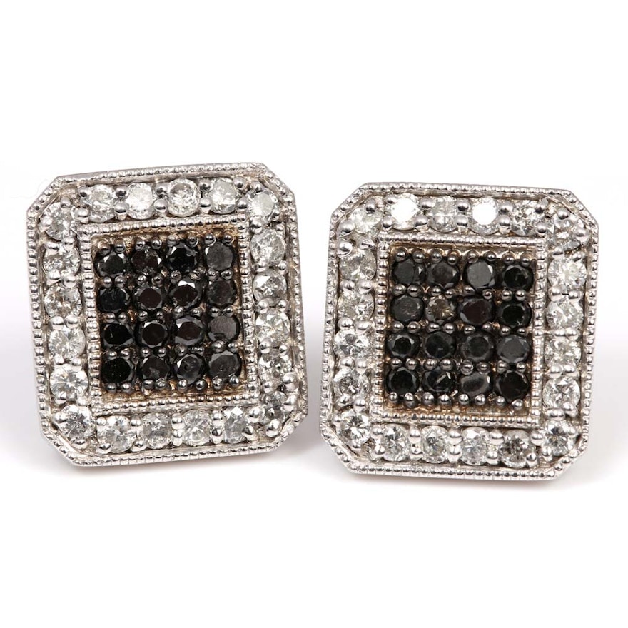 Malakan Sterling Silver 1.09 CTW Diamond and Black Diamond Frame Earrings