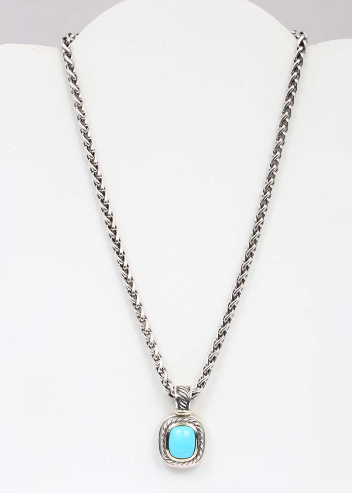 David Yurman Sterling Silver and 14K Yellow Gold Turquoise Pendant Enhancer