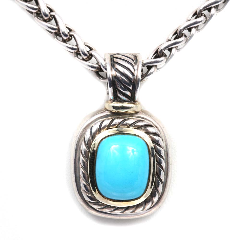 David Yurman Sterling Silver and 14K Yellow Gold Turquoise Pendant Enhancer