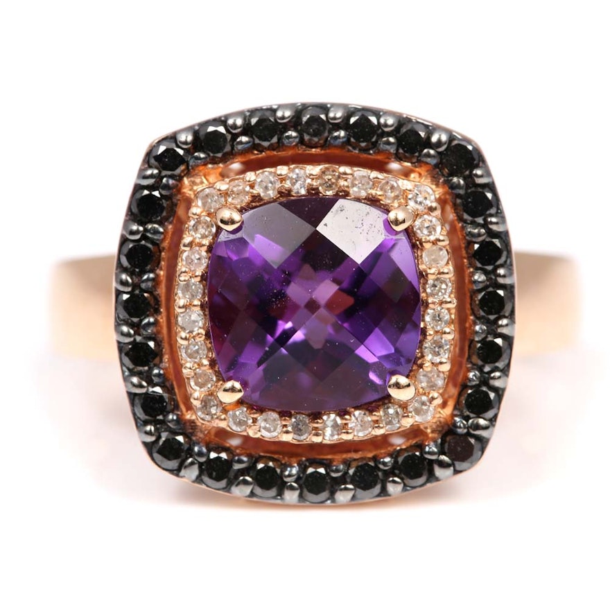 EFFY 14K Rose Gold 2.60 CT Amethyst, Diamond and Black Diamond Double Halo Ring