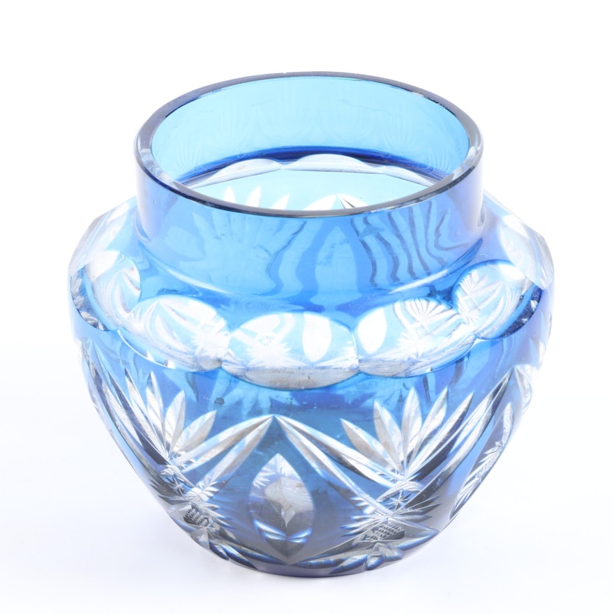 Bohemian Style Cased Blue Cut to Clear Crystal Vase