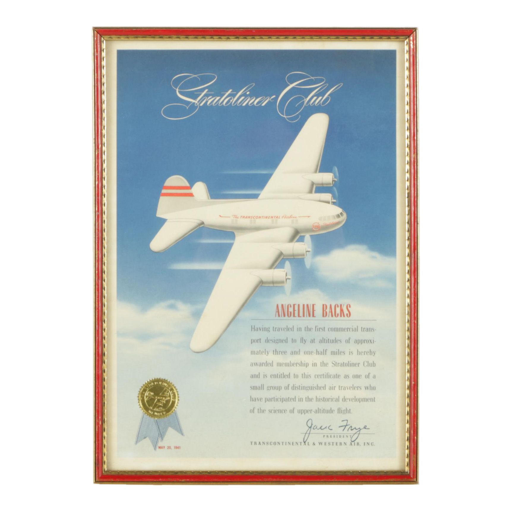 1941 Offset Lithograph "Stratoliner Club" Certificate