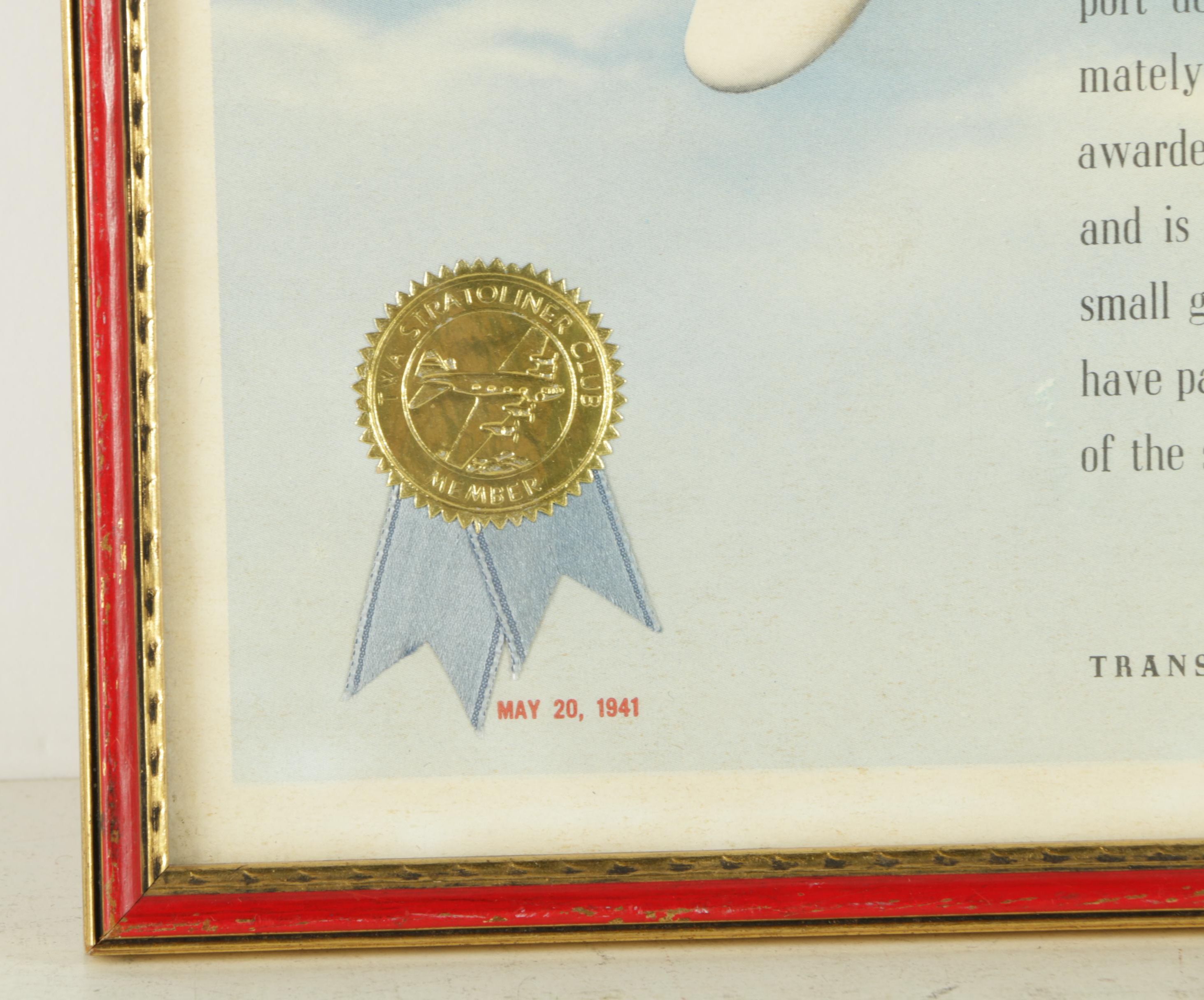 1941 Offset Lithograph "Stratoliner Club" Certificate