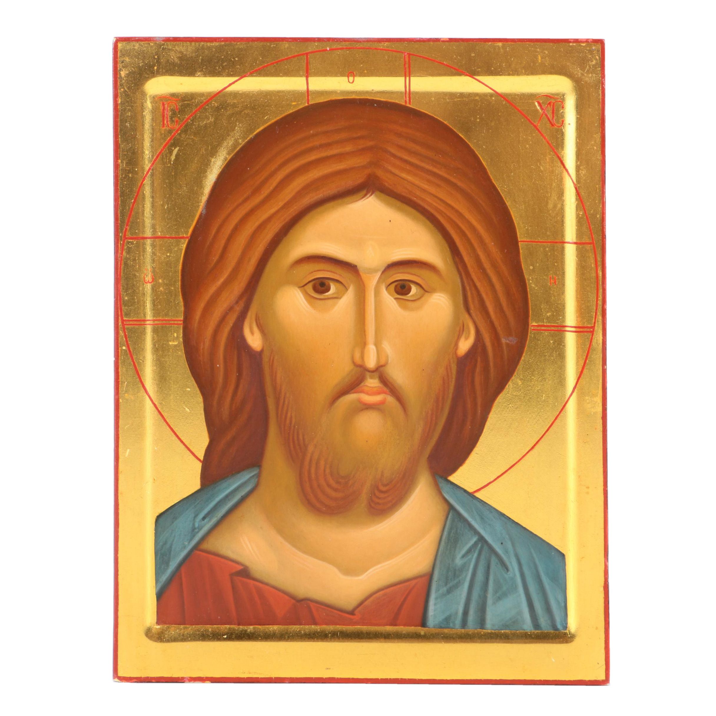 Tempera Painted Icon on Gilded Wood of Jesus