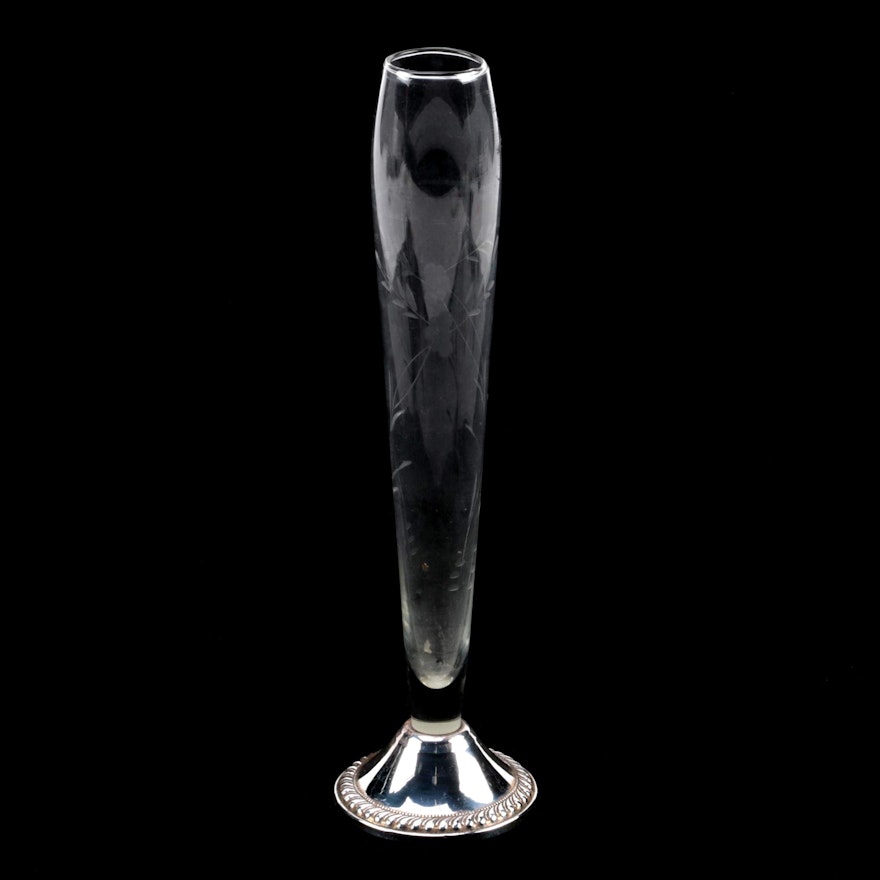 Duchin Creation Etched Crystal and Weighted Sterling Bud Vase