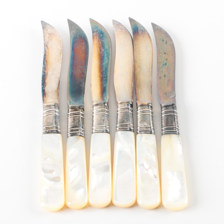 Mother of Peal Handled and Sterling Silver Bolstered Knife Set