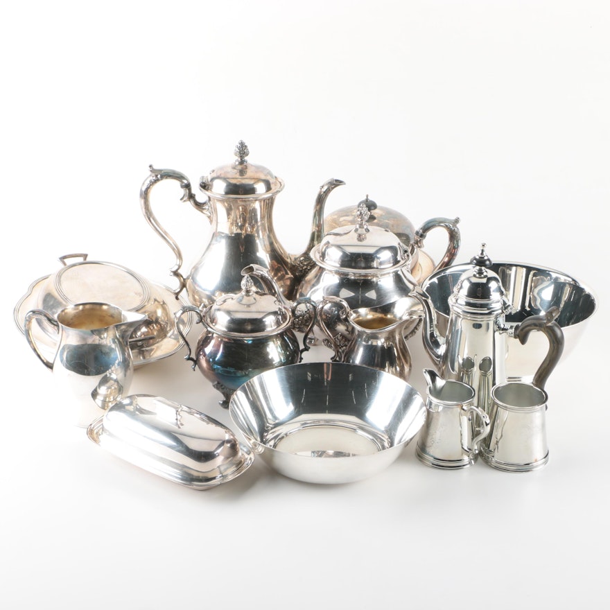 Indian Silver Plate Coffee Pot and Other Silver Plate and Silver Tone Serveware