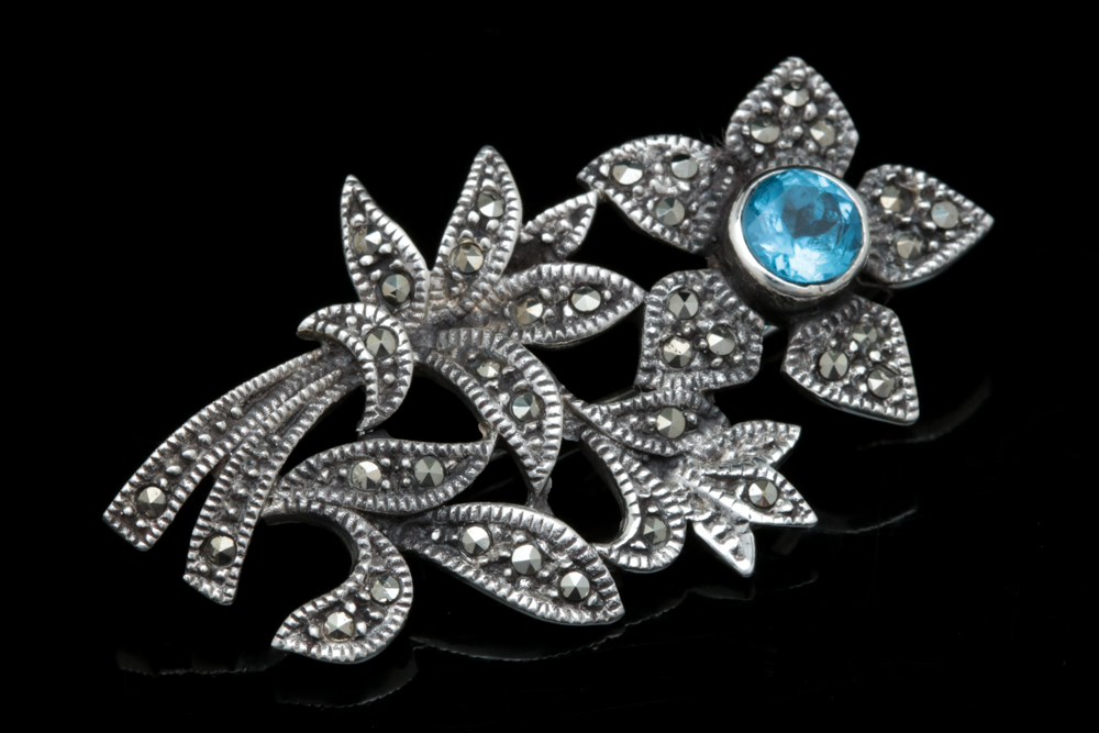 Sterling Silver, Blue Topaz and Marcasite Flower Pin