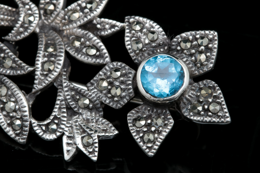Sterling Silver, Blue Topaz and Marcasite Flower Pin
