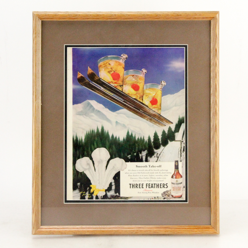 1945 Framed Original "Three Feathers" Blended Whiskey Advertisement