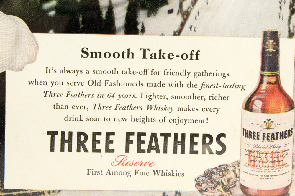 1945 Framed Original "Three Feathers" Blended Whiskey Advertisement
