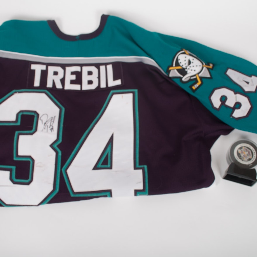 Dan Trebil Signed Mighty Ducks Jersey and Hockey Puck