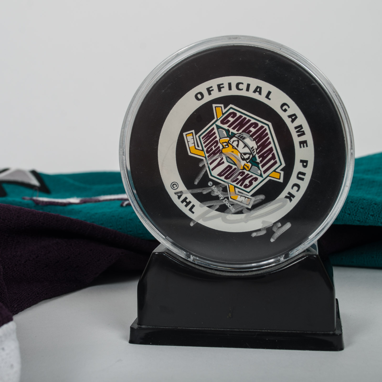 Dan Trebil Signed Mighty Ducks Jersey and Hockey Puck