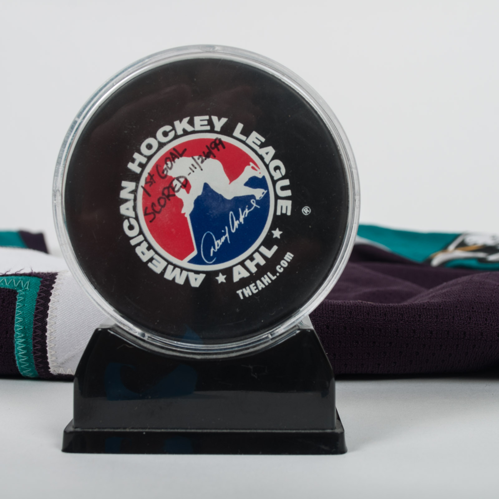 Dan Trebil Signed Mighty Ducks Jersey and Hockey Puck