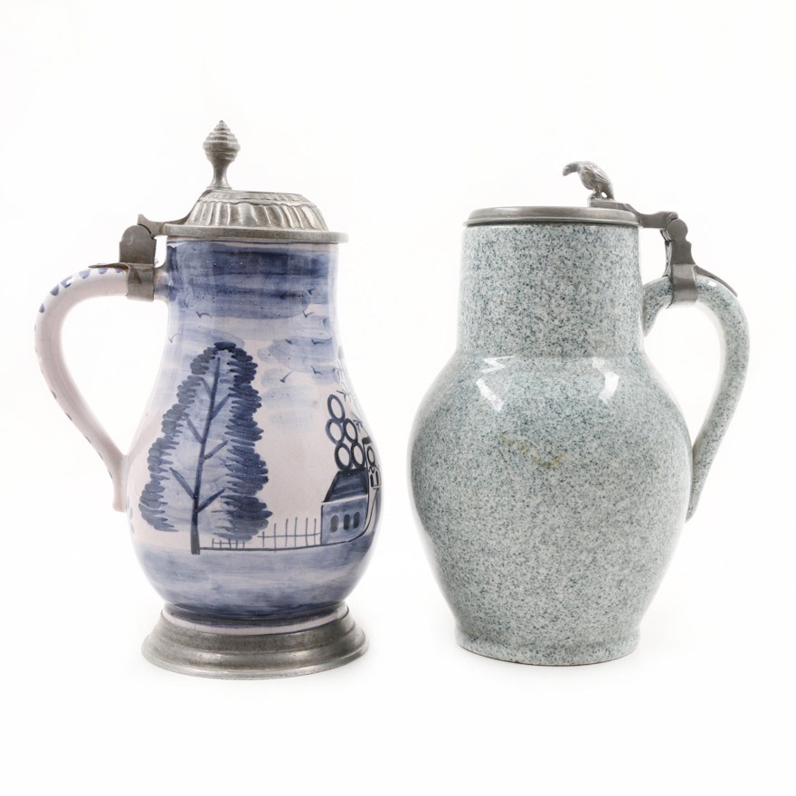 Antique Ceramic Steins Jugs with Pewter Lids