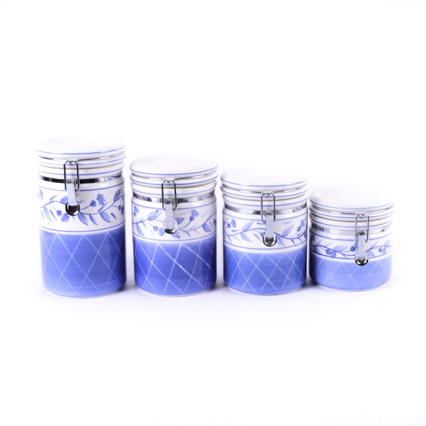 Certified International Corp. Blue on White Ceramic Canister Set