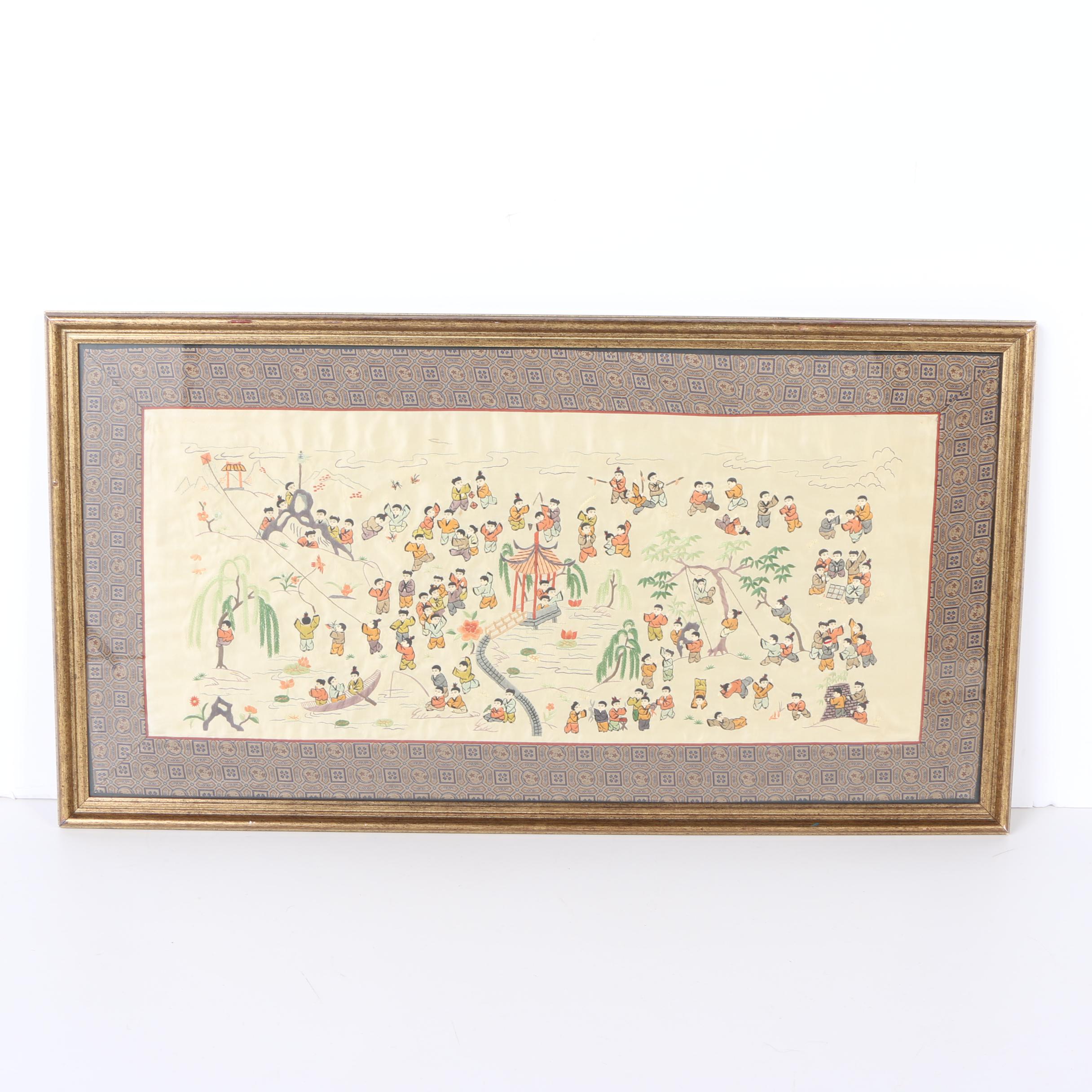 Chinese Embroidered Silk Panel of Children Playing