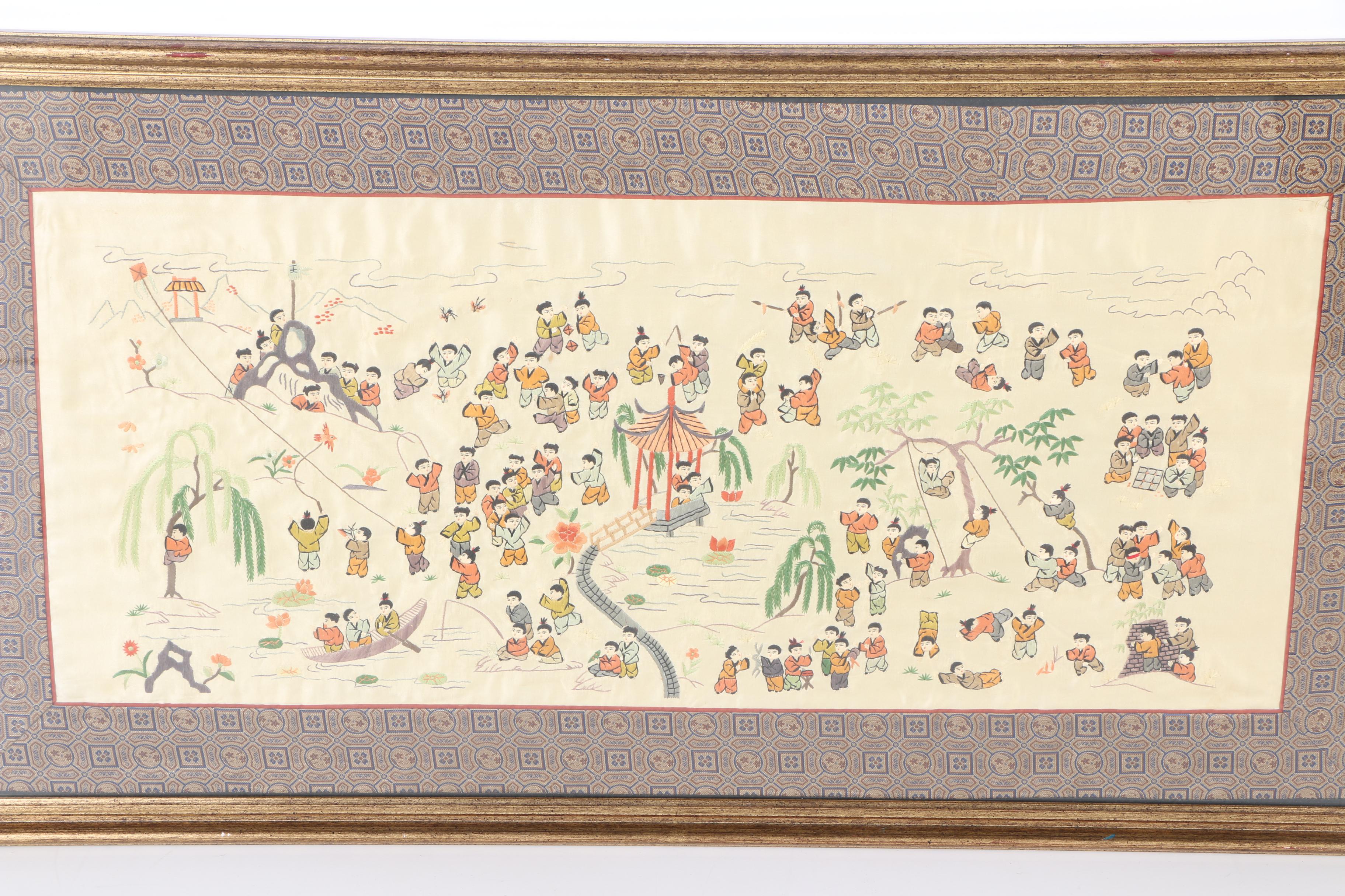 Chinese Embroidered Silk Panel of Children Playing