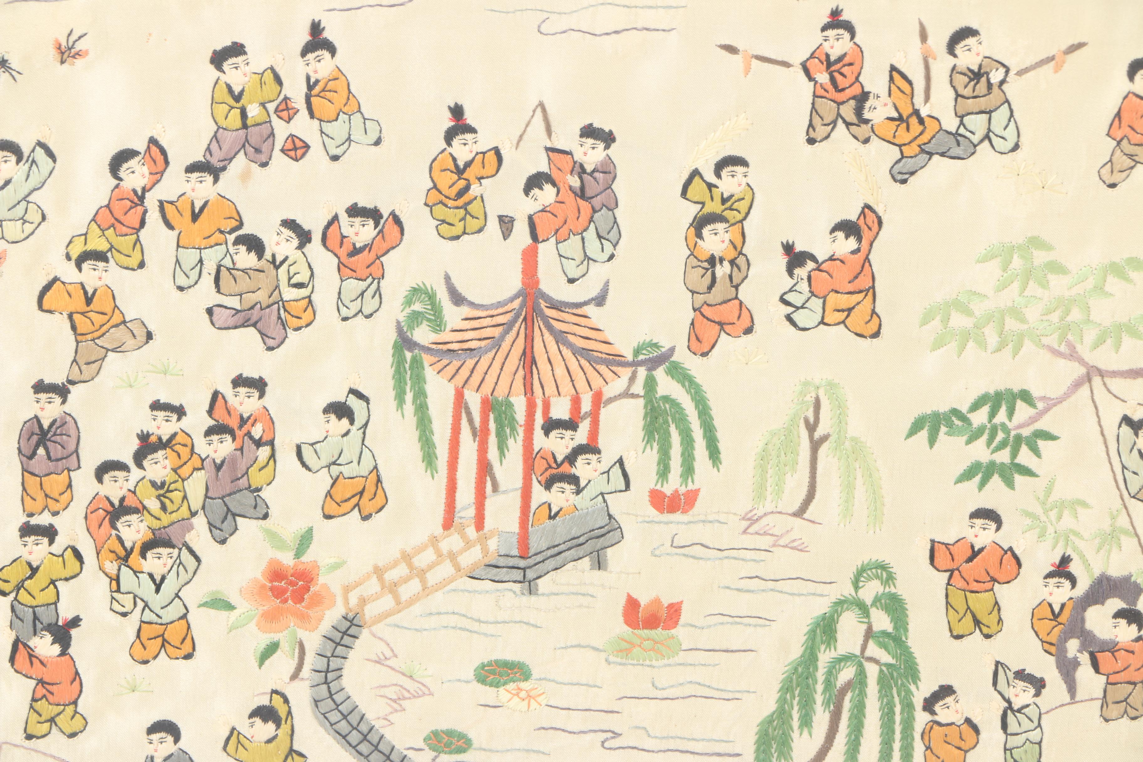 Chinese Embroidered Silk Panel of Children Playing