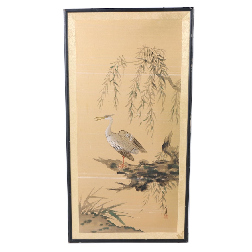 Japanese Watercolor and Gouache Painting on Silk of an Egret
