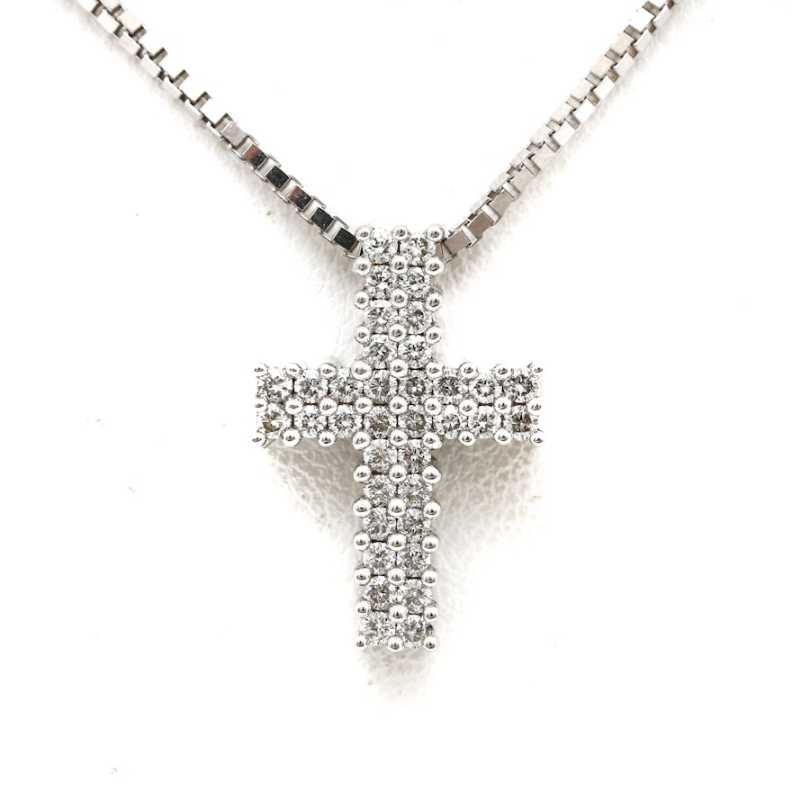 14K White Gold Diamond Cross Pendant on Aurafin Chain