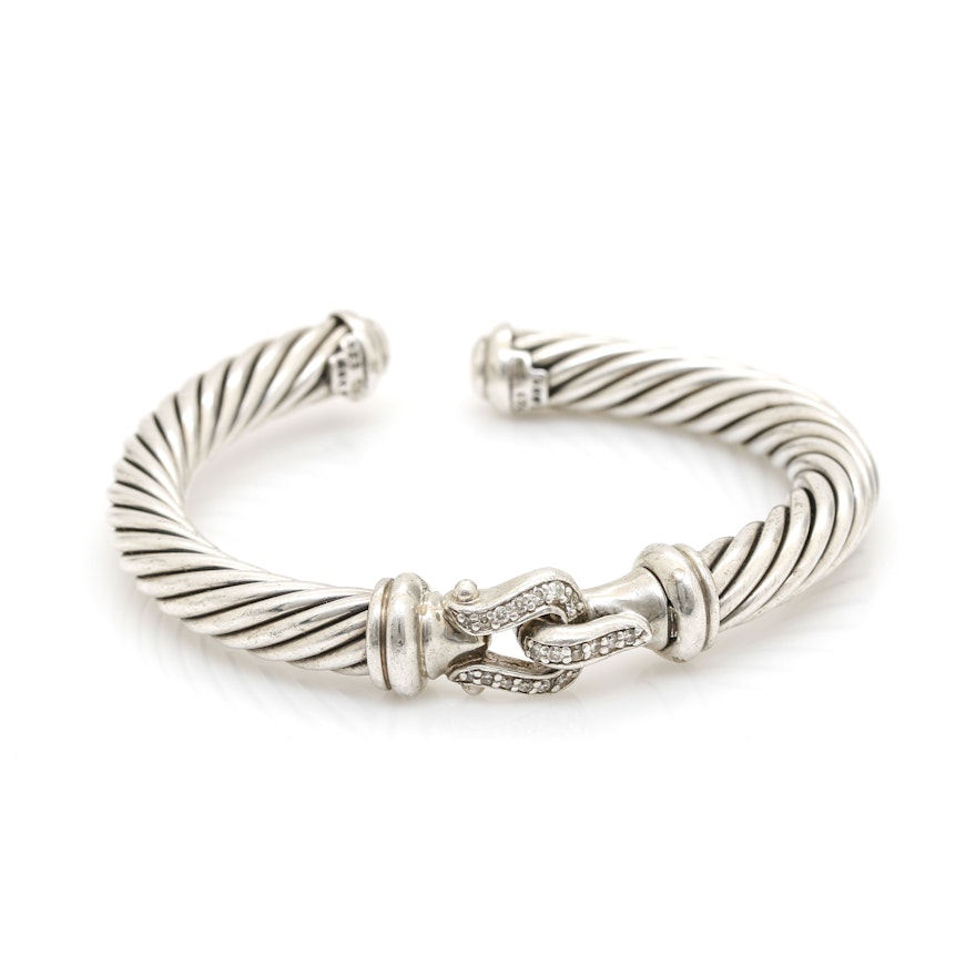 David Yurman Sterling Silver Diamond "Cable" Cuff Bracelet