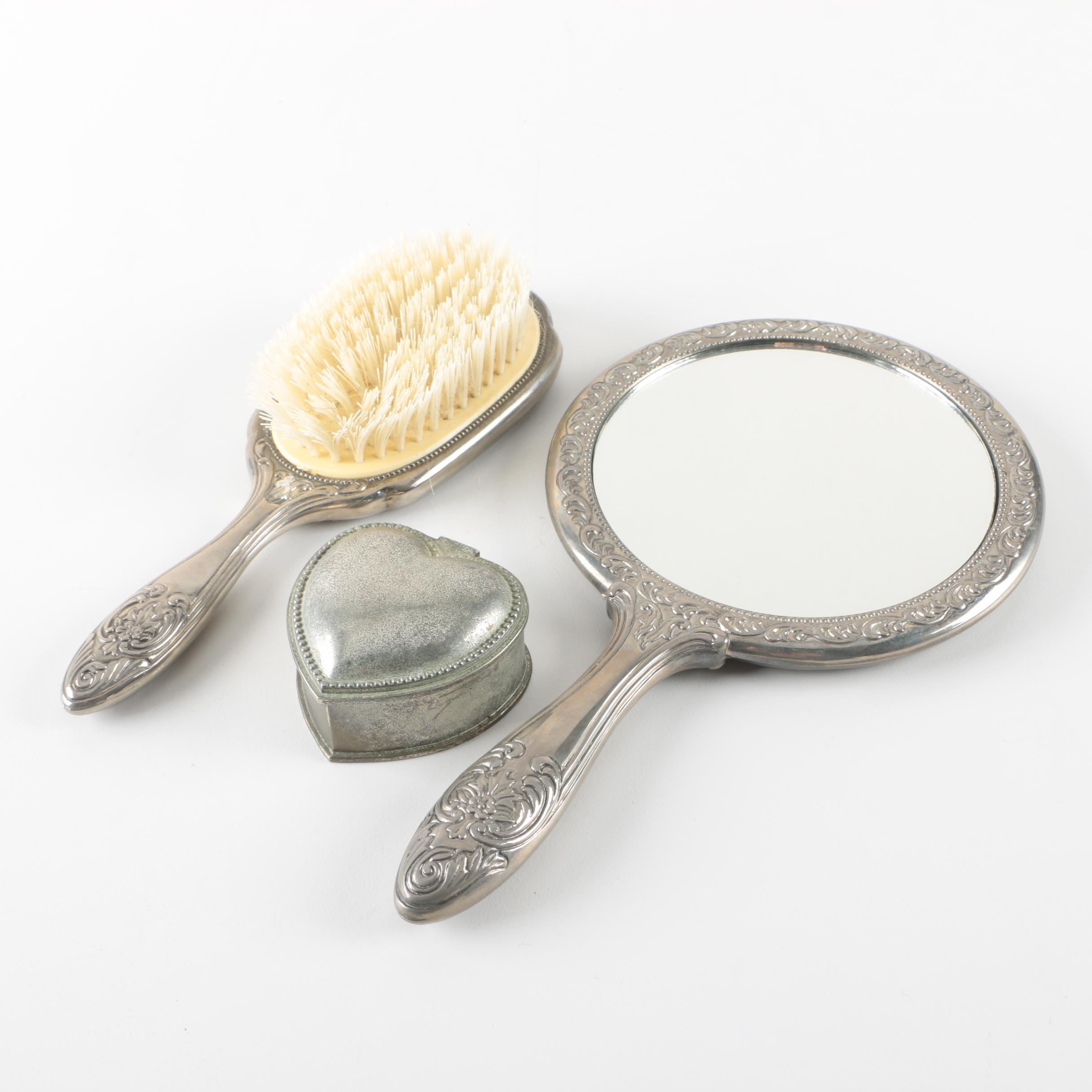 Repoussé  Silver Plate Vanity Set and Silver Tone Beaded Trinket Box