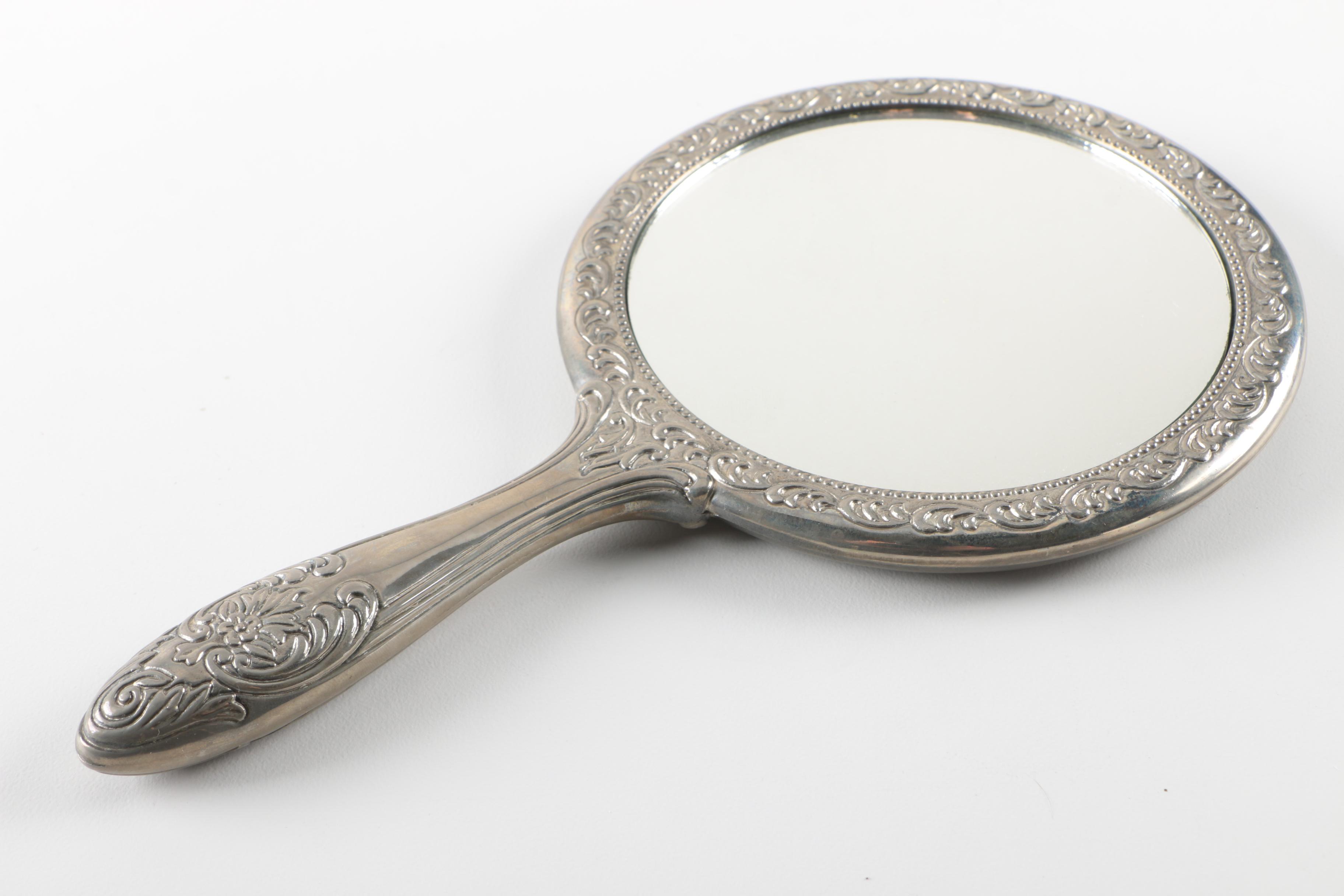 Repoussé  Silver Plate Vanity Set and Silver Tone Beaded Trinket Box