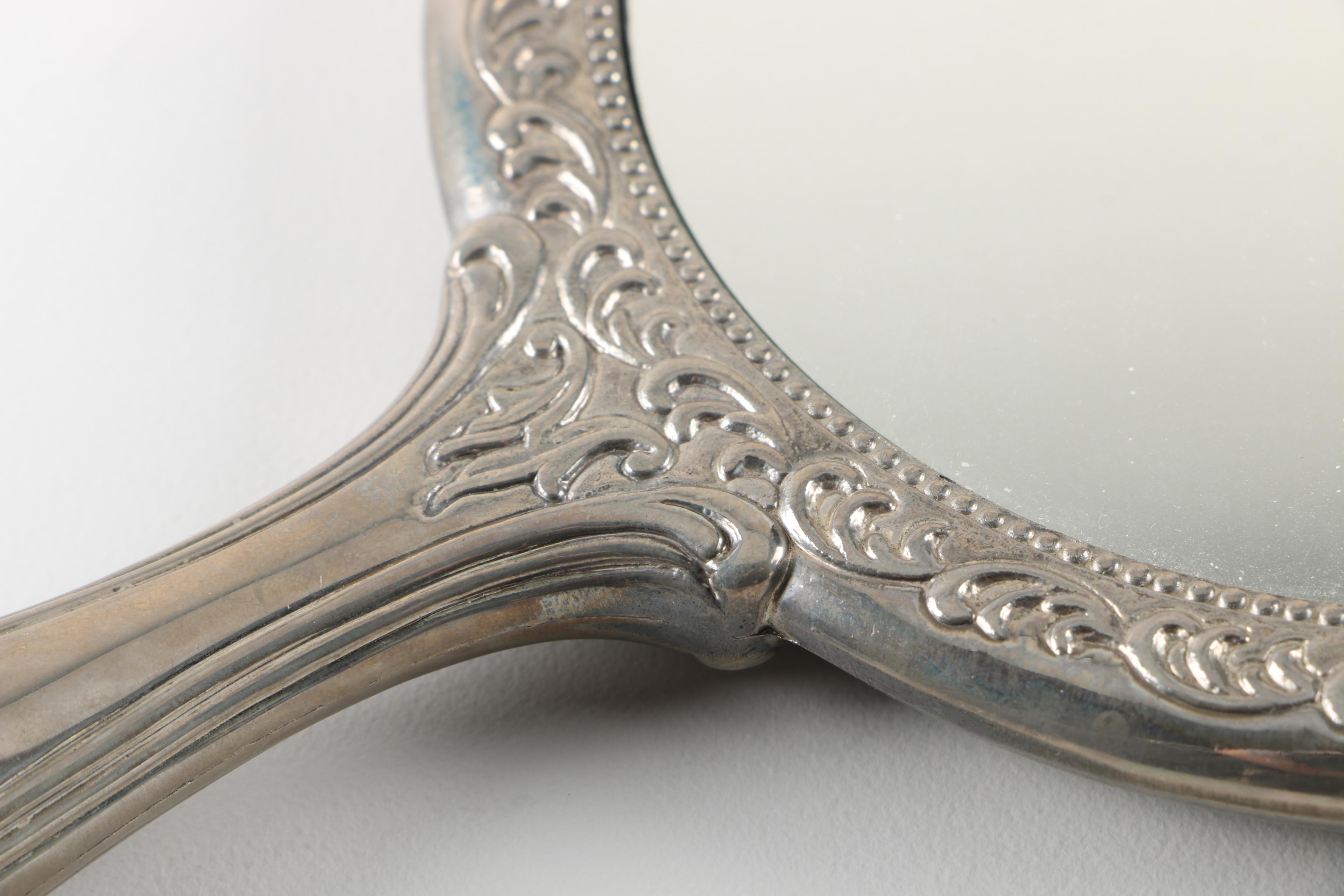 Repoussé  Silver Plate Vanity Set and Silver Tone Beaded Trinket Box